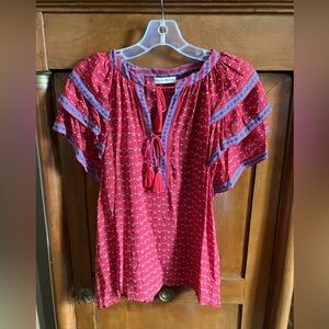 Ulla Johnson red & blue peasant blouse Sz 10